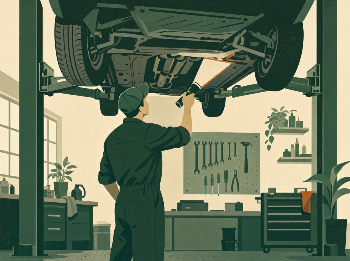Illustration of a mechanic inspecting a car on a lift